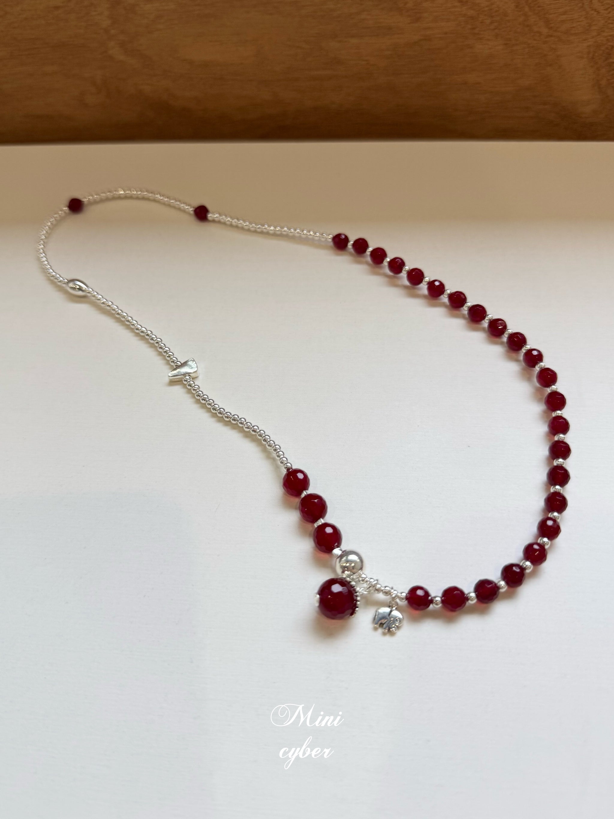 Garnet Elephant Silver Bead Chain Bracelet