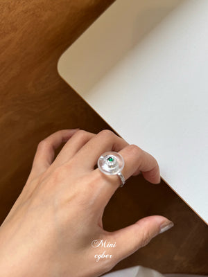 Diamond Halo Jade Peace Ring